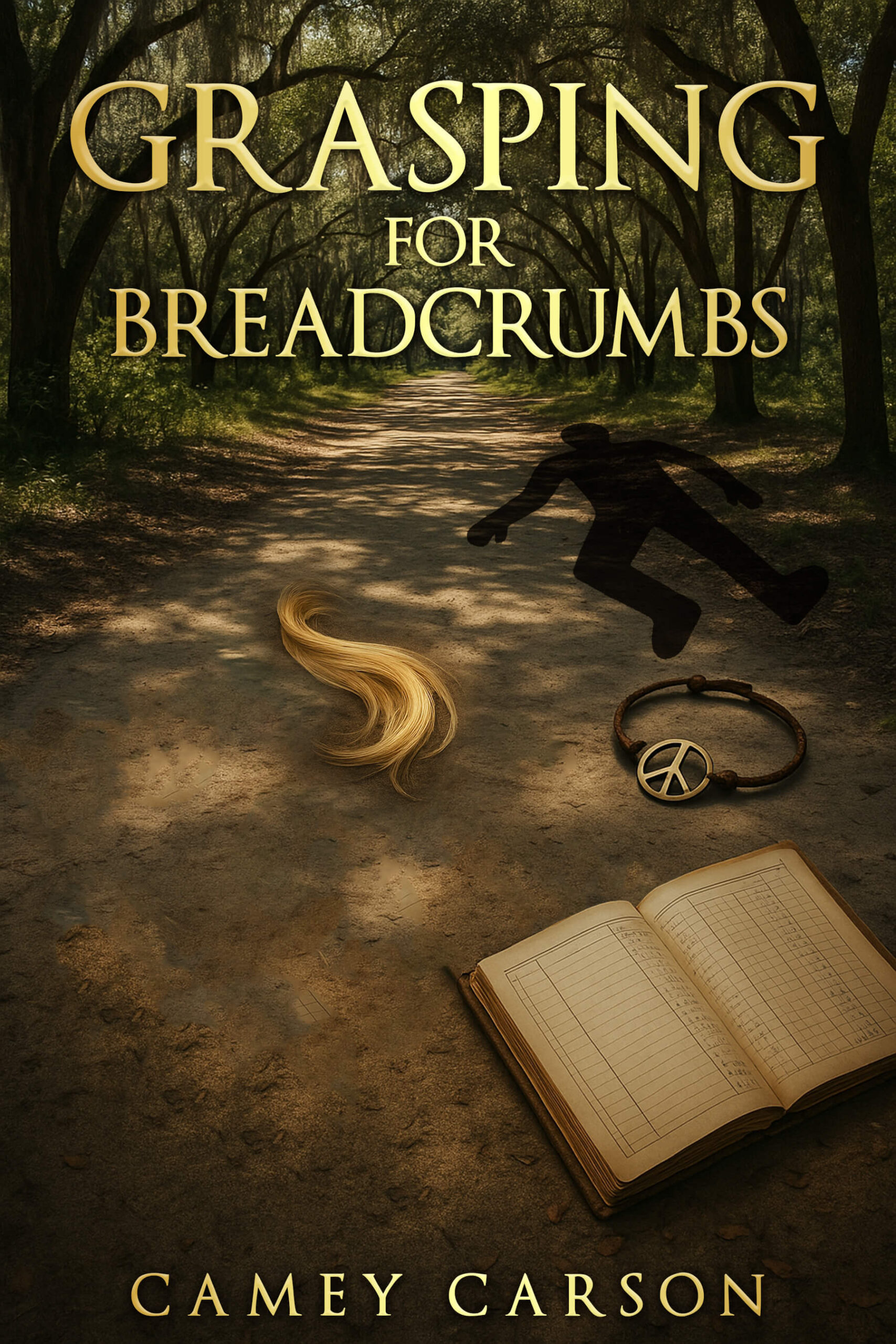 The front cover for the mystery Grasping for Breadcrumbs that includes the outline of a dead body, a locket of hair, a bracelet with a peace sign and an accounting ledger.