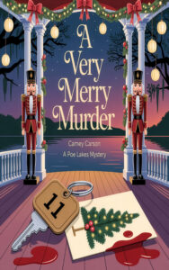 The book cover image for A Very Merry Murder shows the text with the title in a gazebo overlooking the lake decorated for Christmas.