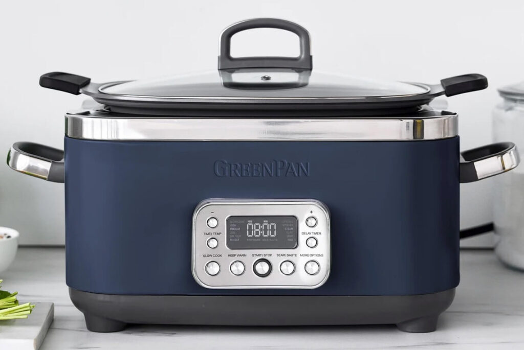 14-in-1 Slow Cooker by GreenPan in Oxford blue with buttons programmed to sear, saute, slow-cook and more.