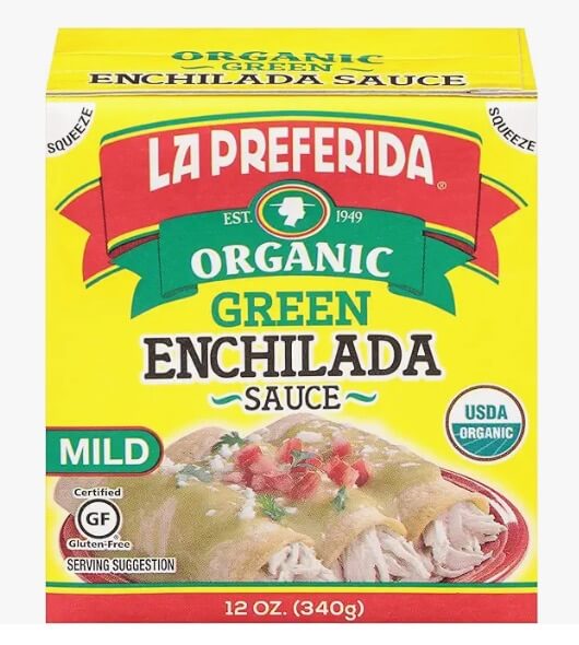 Box of La Preferida Organic Green Enchilada Sauce