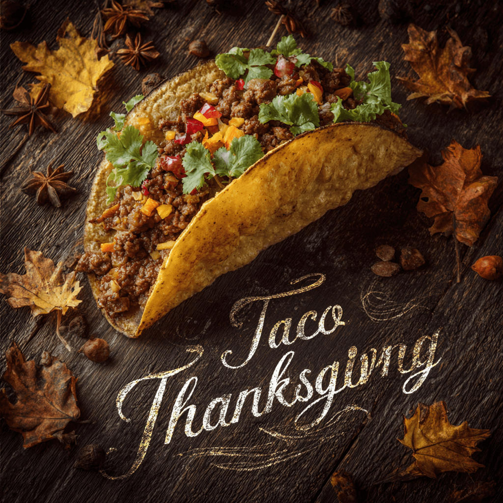 Picture of a taco with the words Taco Thanksgiving underneath