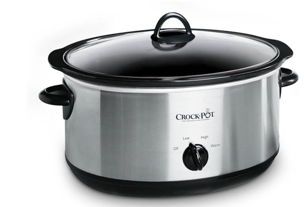 Original CrockPot in stainless with Low, High, and Warm settings.
